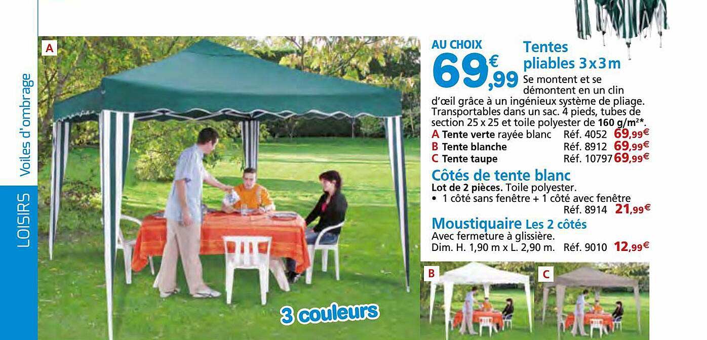tentes pliables 3 x 3 m, côtés de tente blanc, moustiquaire les 2 côtés