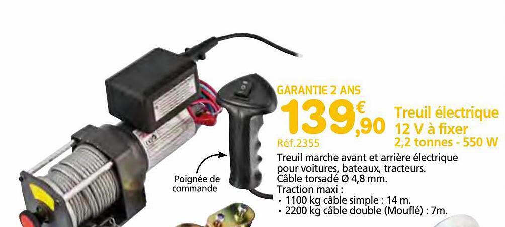 treuil électrique 12v à fixer 2,2 tonnes - 550w