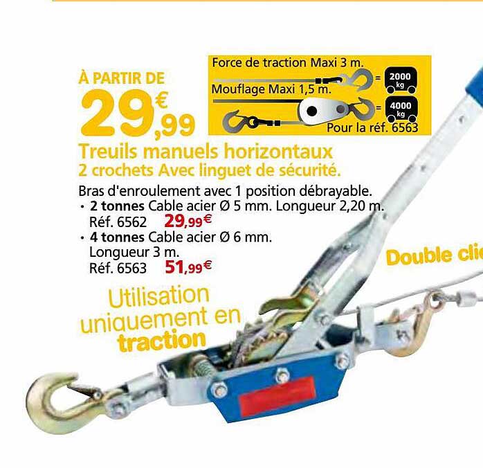 treuils manuels horizontaux 2 crochets avec linguet de sécurité