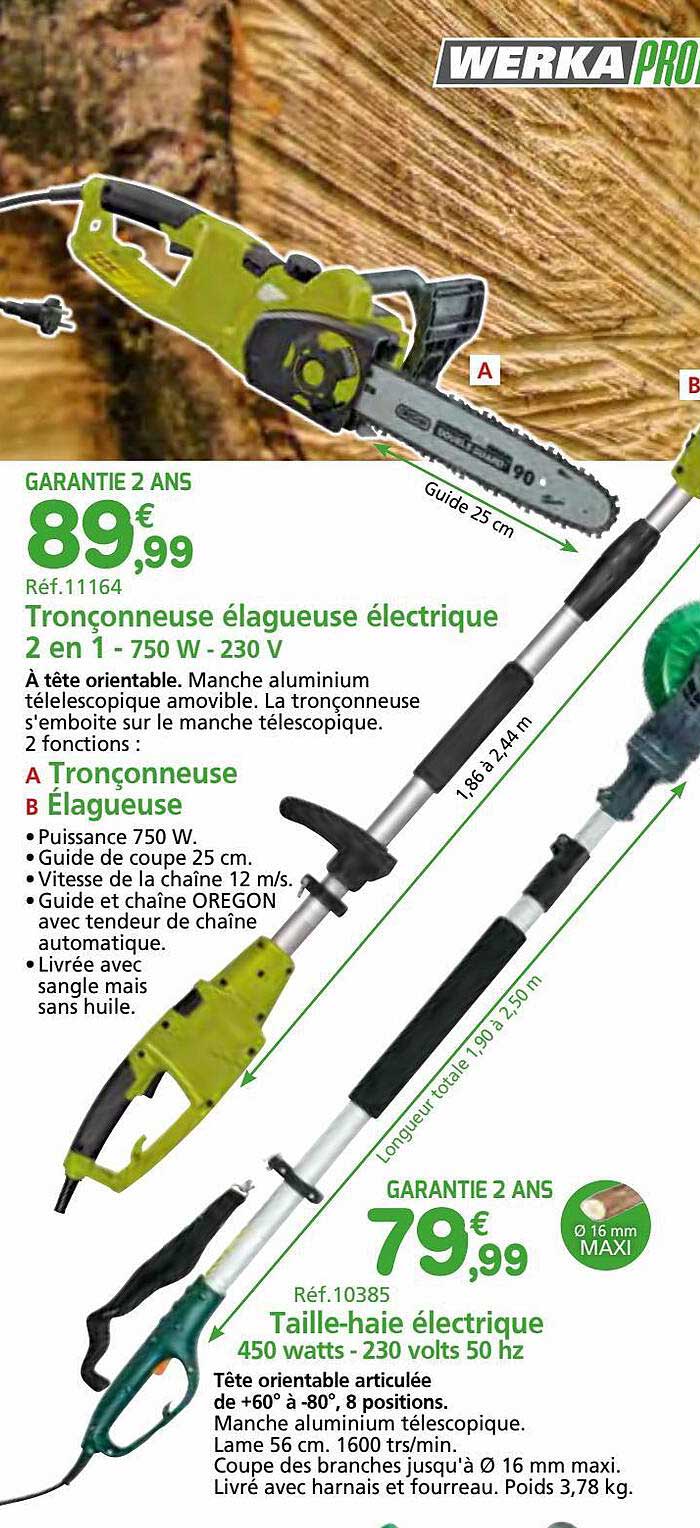 tronçonneuse élagueuse électrique 2 en 1 - 750 w - 290 v werka pro, taille-haie électrique 450 watts - 230 volts 50 hz