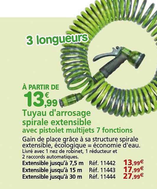 tuyau d'arrosage spirale extensible avec pistolet multijets 7 fonctions