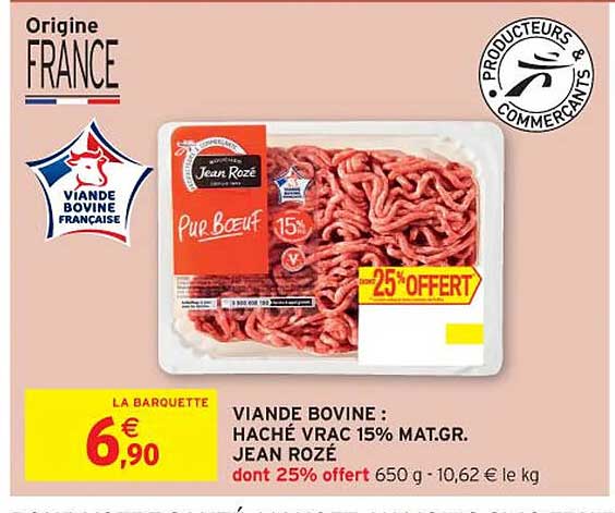 viande bovine : haché vrac 15% mat. gr. jean rozé