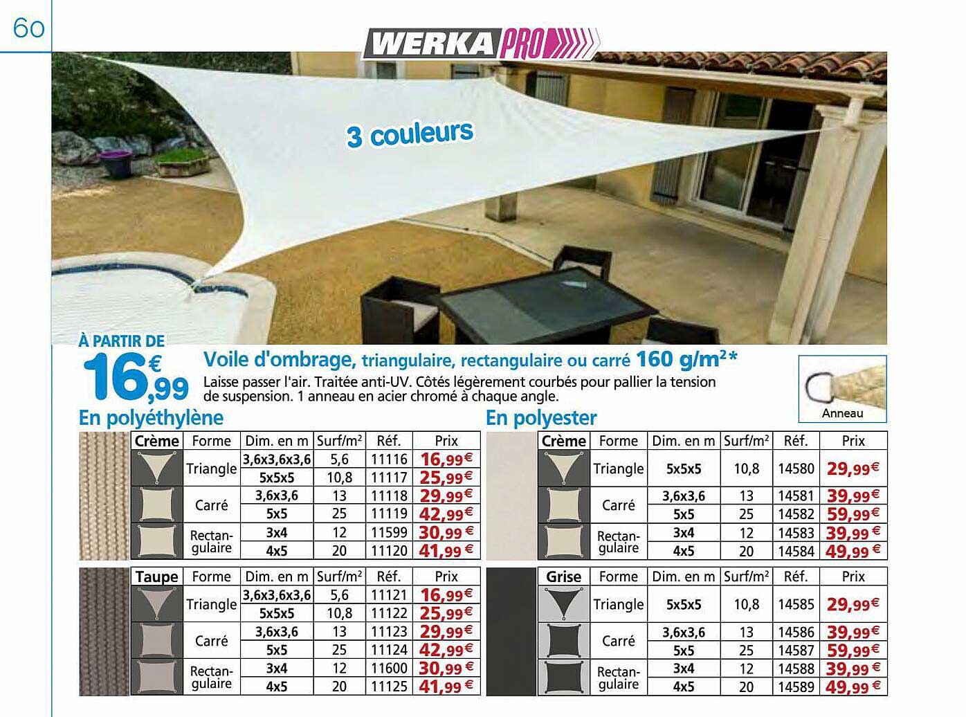 voile d'ombrage, triangulaire, rectangulaire ou carré 160 g-m² werka pro