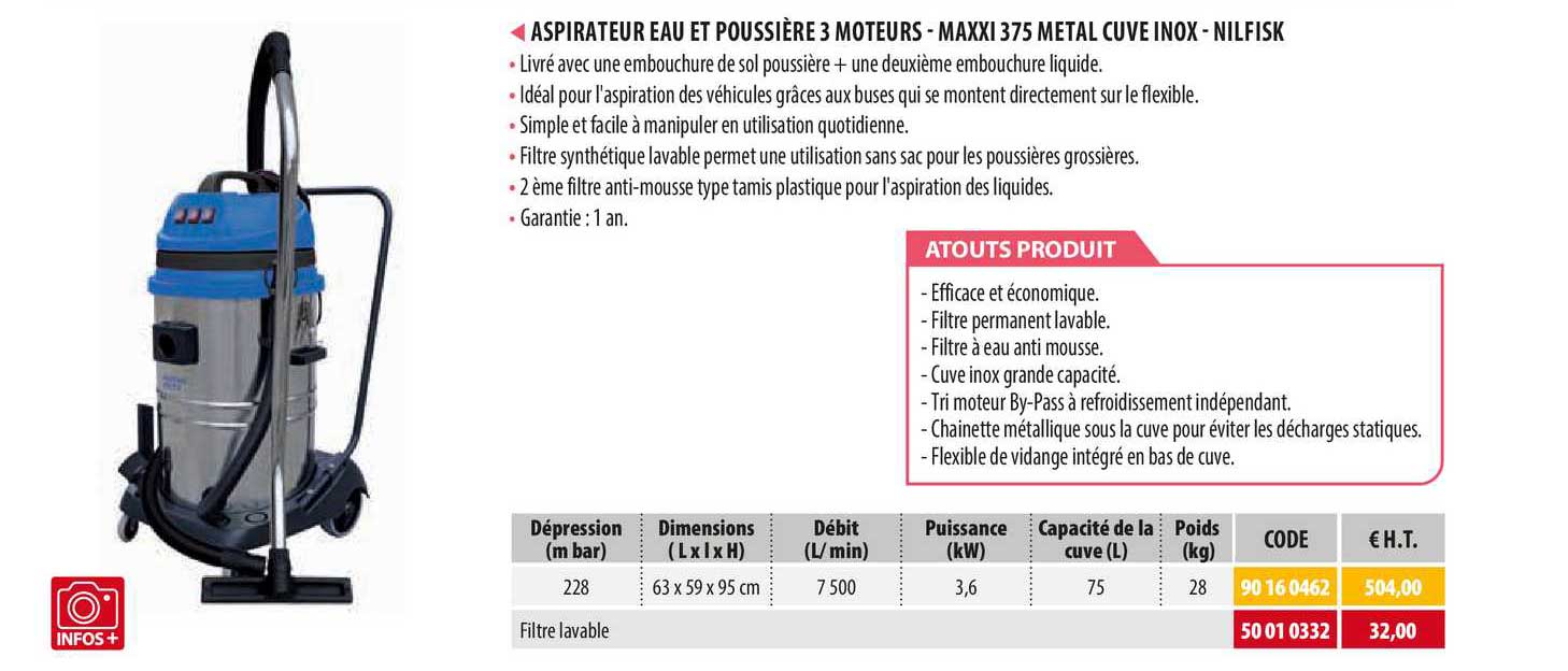 aspirateur eau et poussière 3 moteurs - maxxi 375 metal cuve inox - nilfisk