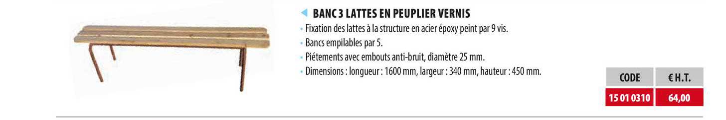 banc 3 lattes en peuplier vernis