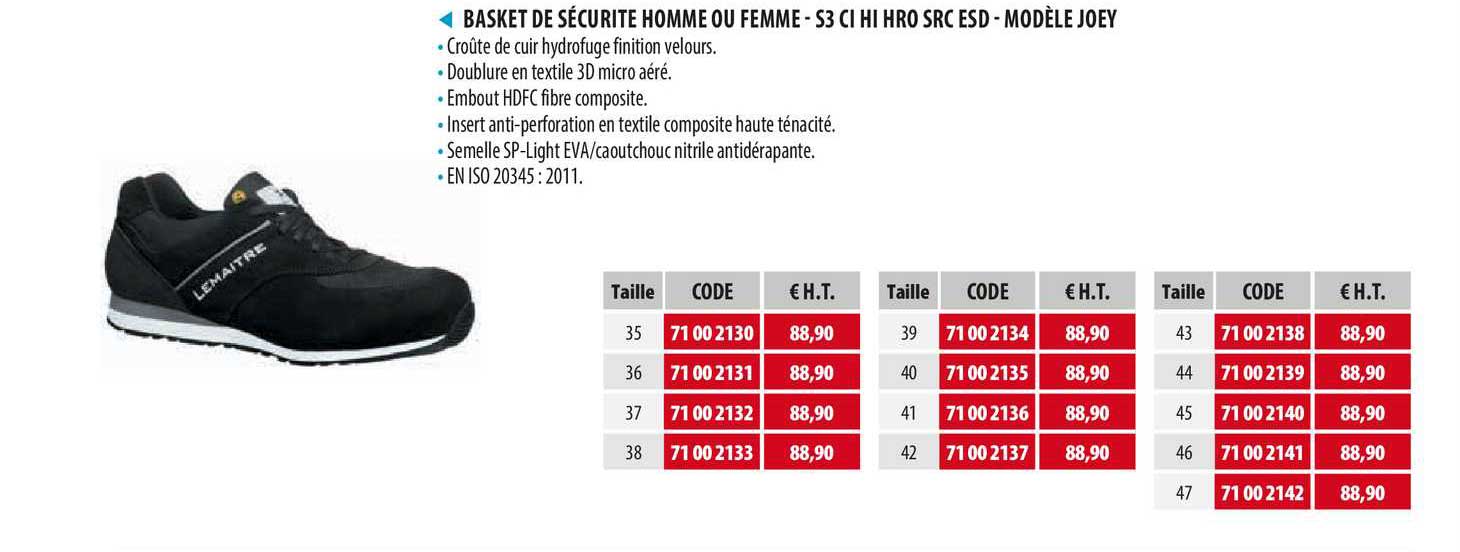 basket de sécurité homme ou femme - s3 ci hi hro src esd - modèle joey
