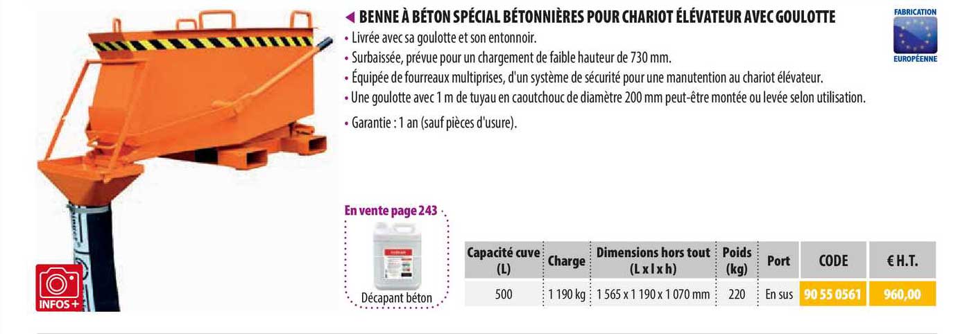 benne à béton spécial bétonnières pour chariot élévateur goulotte