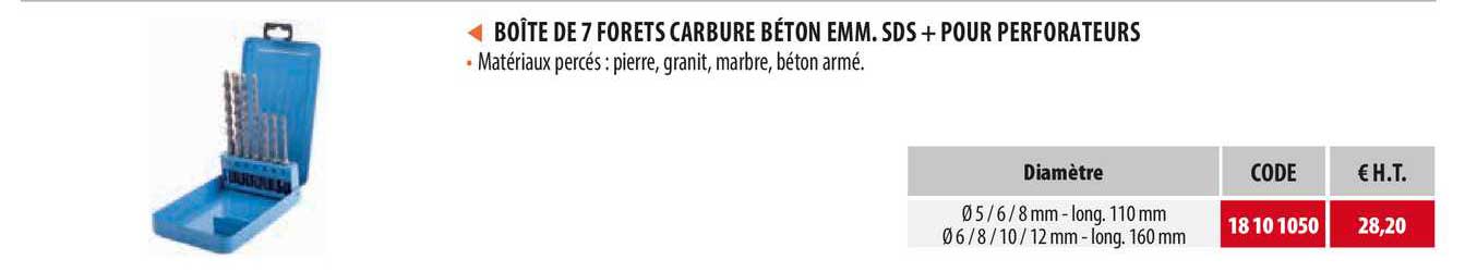 boîte de 7 forets carbure béton emm. sds + pour perforateurs