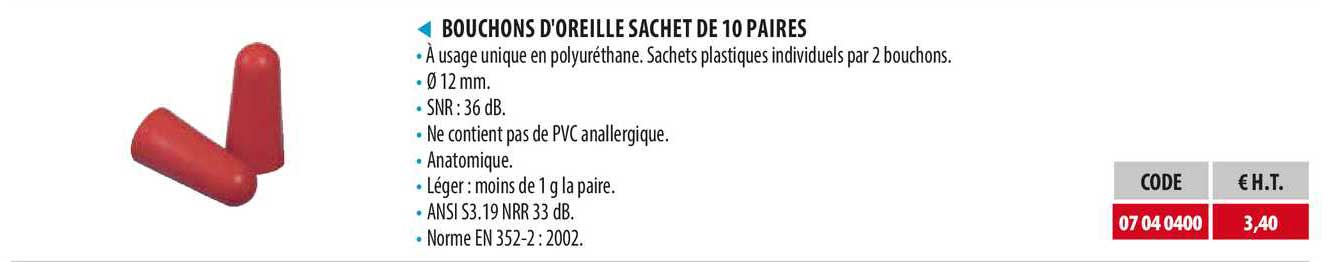 bouchons d'oreille sachet de 10 paires