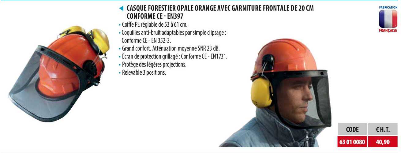 casque forestier opale orange avec garniture frontale de 20 cm conforme ce - en397