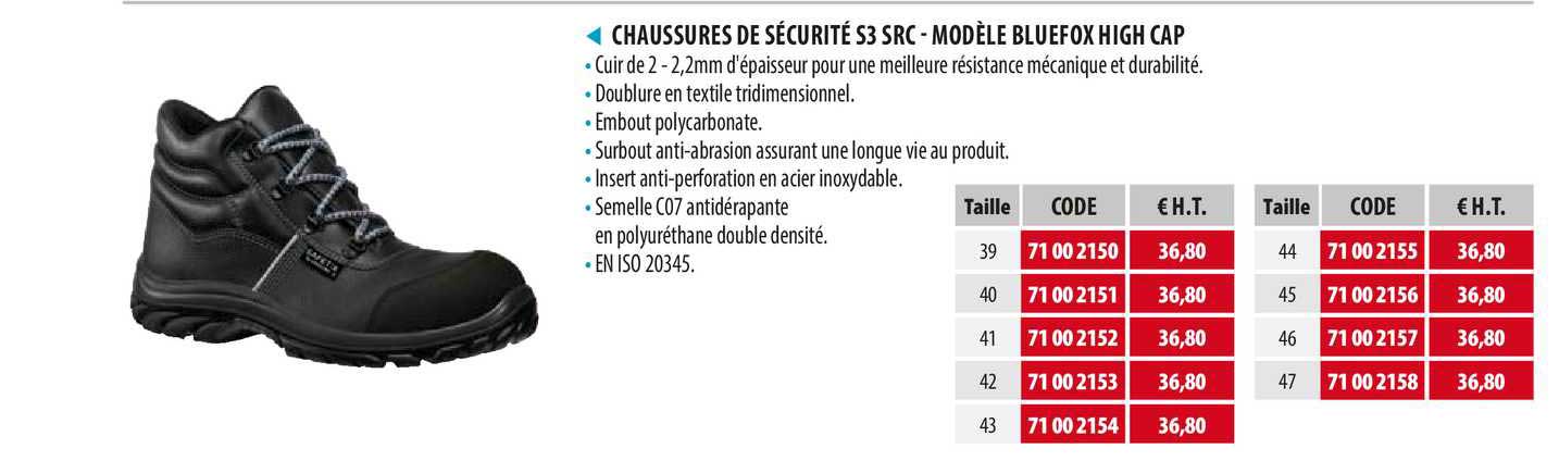 chaussures de sécurité s3 src - modèle bluefox high cap