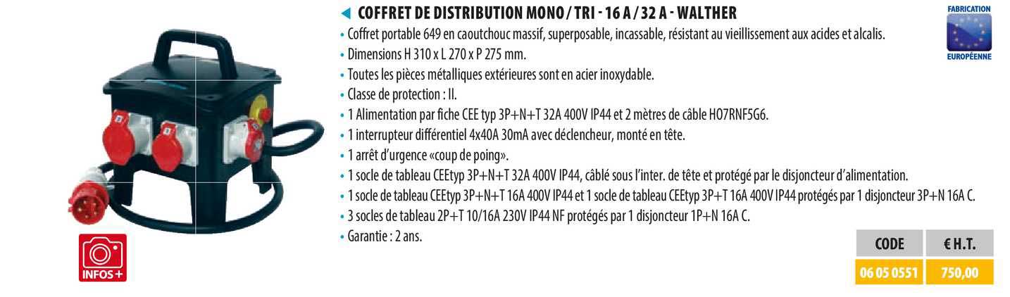 coffret de distribution mono - tri - 16a - 32 a -walther