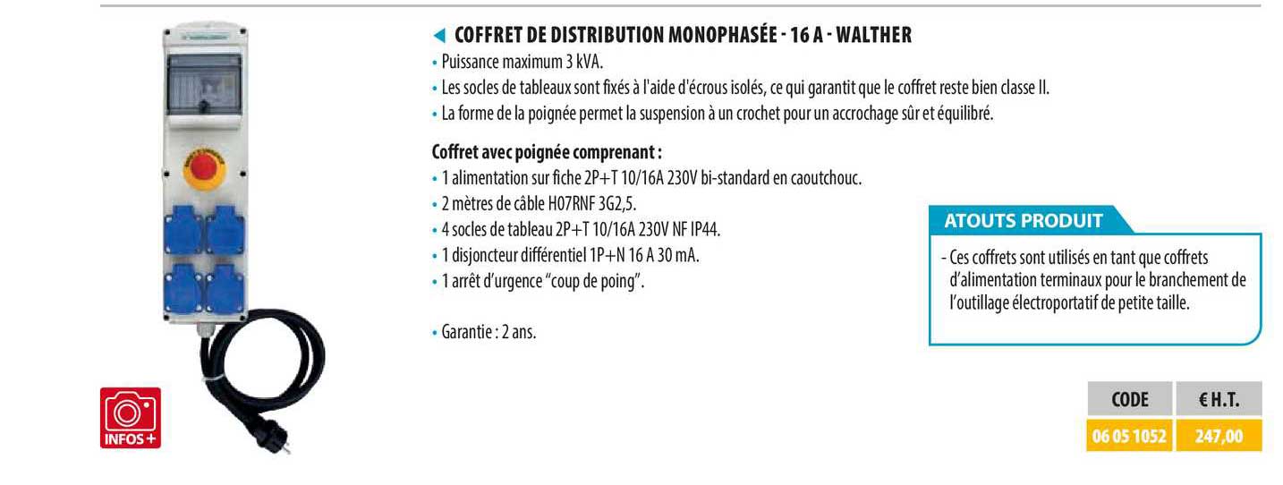 coffret de distribution monophasée - 16 a - walther