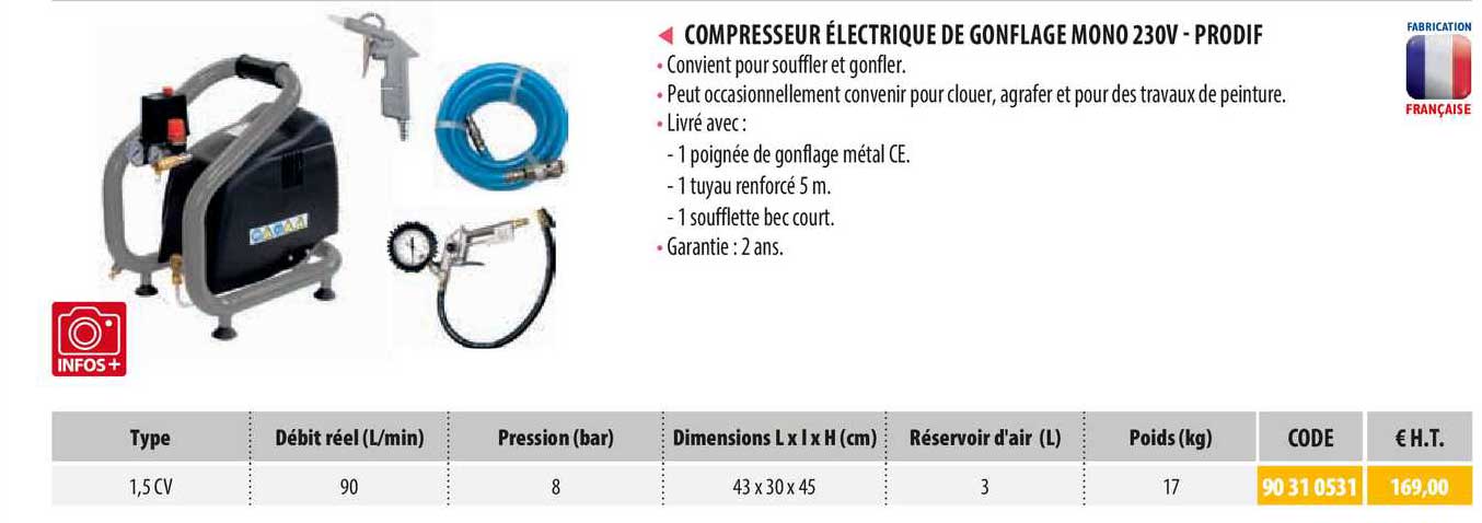 compresseur électrique de gonflage mono 230v - prodif