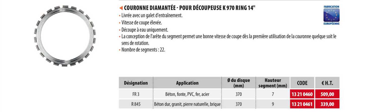 couronne diamantée - pour découpeuse k 970 ring 14"