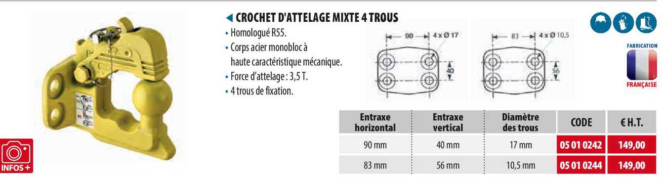 crochet d'attelage mixte 4 trous