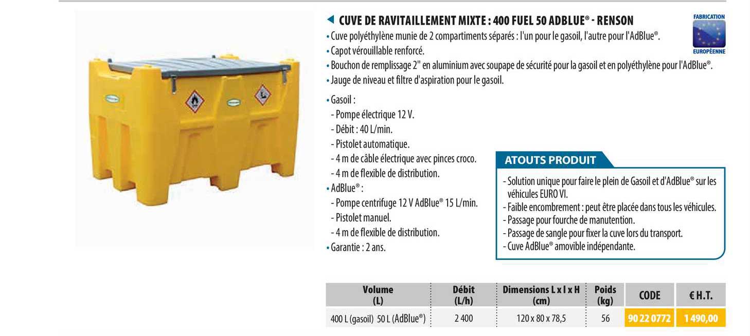 cuve de ravitaillement mixte - 400 fuel 50 adblue - renson
