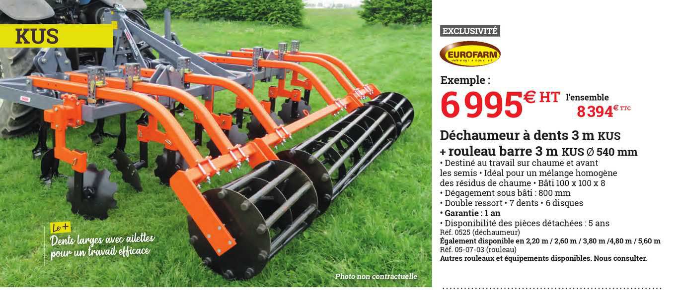 déchaumeur à dents 3m kus + rouleau barre 3 m kus 540 mm eurofarm
