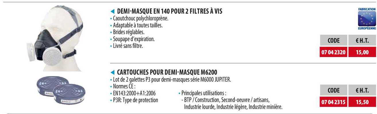 demi-masque en 140 pour 2 filtres à vis, cartouches pour demi-masque m6200