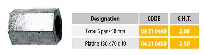 écrou 6 pans 50 mm, platine 130 x 70 x 10