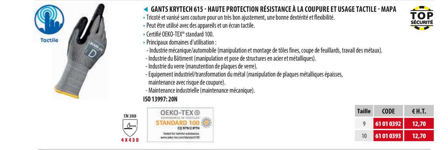 gants krytech 615 - haute protection résistance à la coupure et usage tactile - mapa
