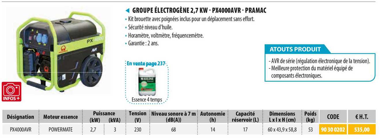 groupe électrogène 2,7 kw - px4000avr - pramac