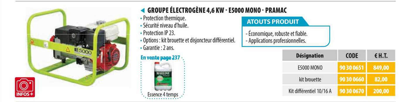 groupe électrogène 4,6 kw - e5000 mono - pramac