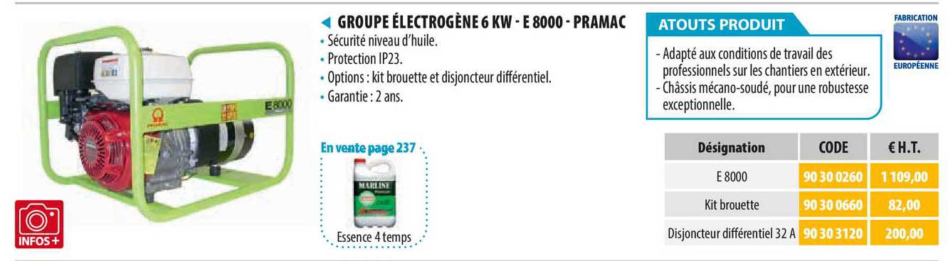 groupe électrogène 6 kw - e8000 - pramac
