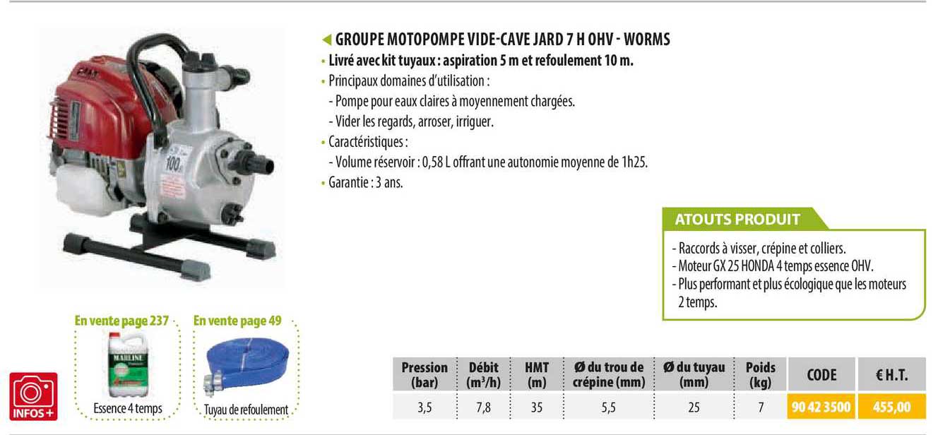 groupe motopompe vide-cave jard 7 h ohv - worms