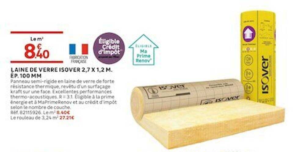 laine de verre isover 2,7 x 1,2 m. ép. 100 mm