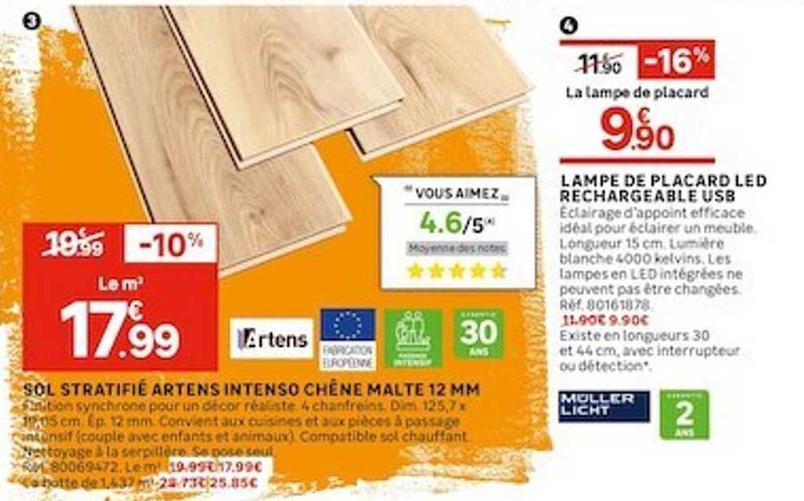 lampe de placard led rechargeable usb, sol stratifié artens intenso chêne malte 12 mm