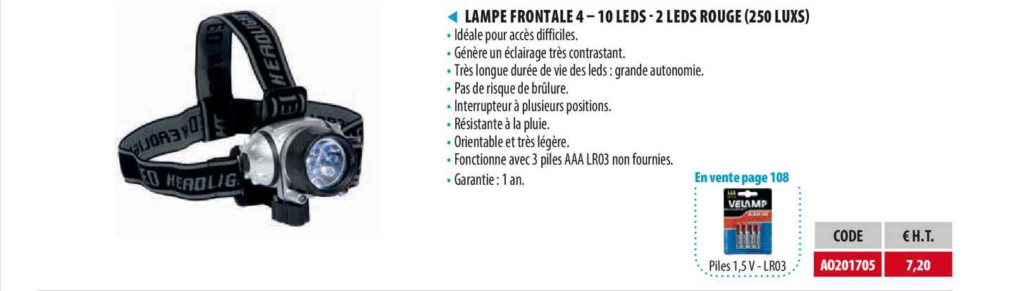 lampe frontale 4 - 10 leds - 2 leds rouge (250 luxs)