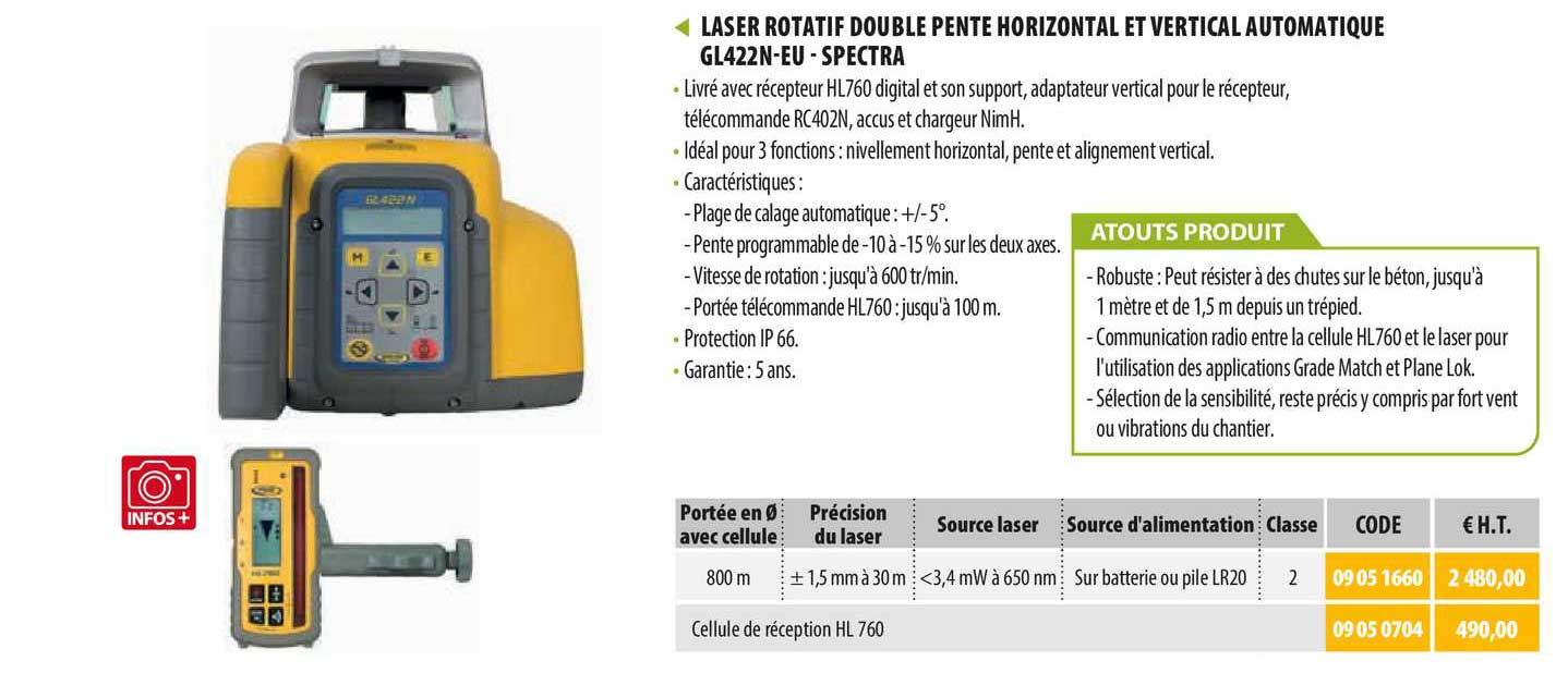 laser rotatif double pente horizontal et vertical automatique gl422n-eu-spectra