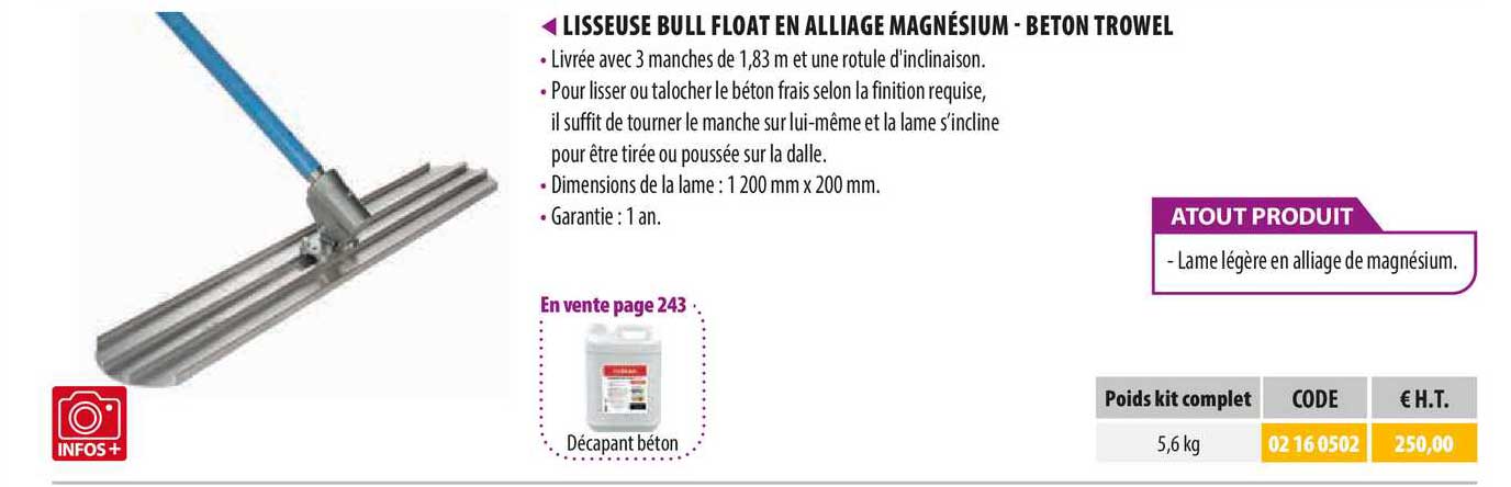lisseuse bull float en alliage magnésium - beton trowel