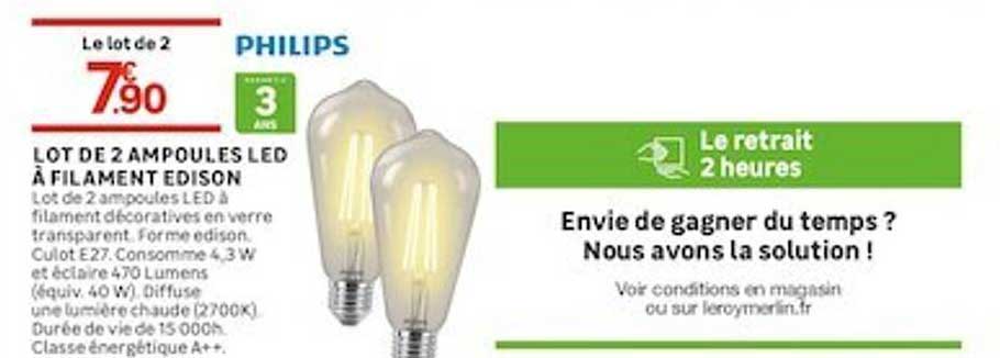 lot de 2 ampoules led à filament edison philips