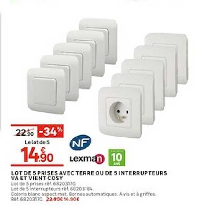 lot de 5 prises avec terre ou de 5 interrupteurs va et vient cosy