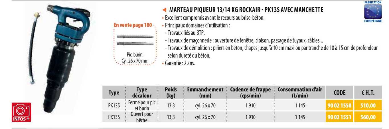 marteau piqueur 13-14 kg rockair - pk13s avec manchette