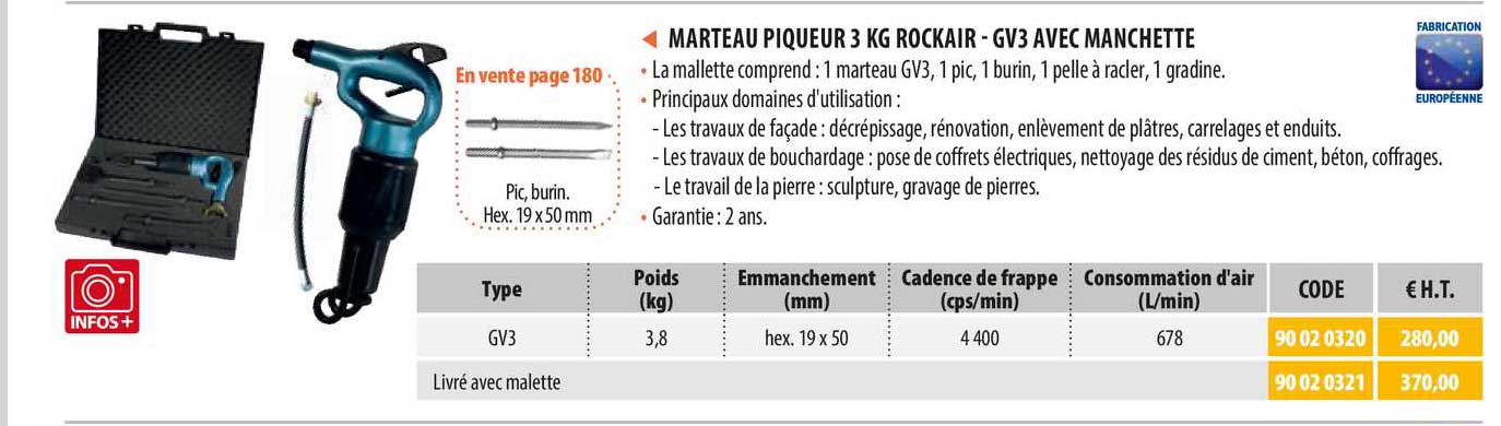 marteau piqueur 3 kg rockair - gv3 avec manchette