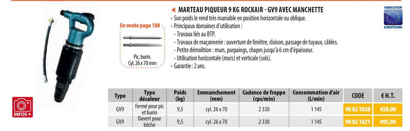 marteau piqueur 9kg rockair - gv9 avec manchette