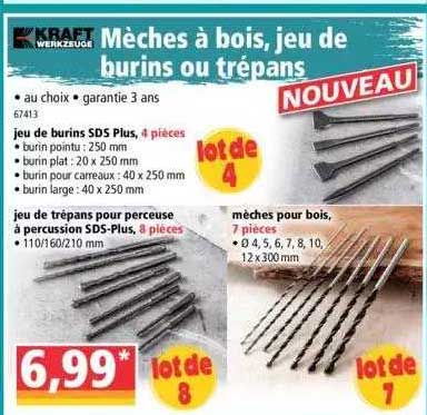 mèches à bois, jeu de burins ou trépans kraft