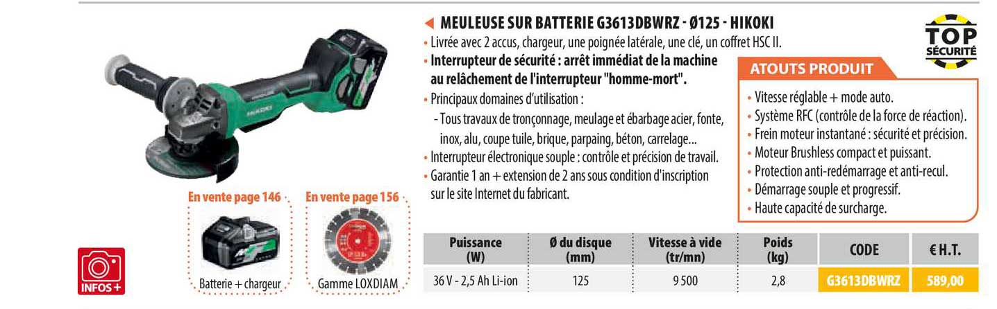 meuleuse sur batterie g3613dbwrz - 125 - hikoki