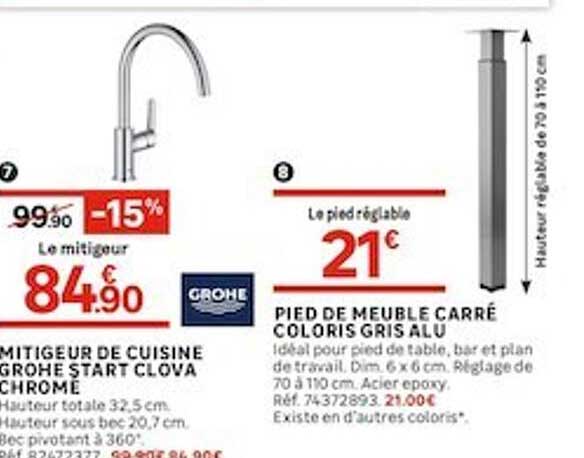 mitigeur de cuisine grohe start clova chrome, pied de meuble carré coloris gris alu