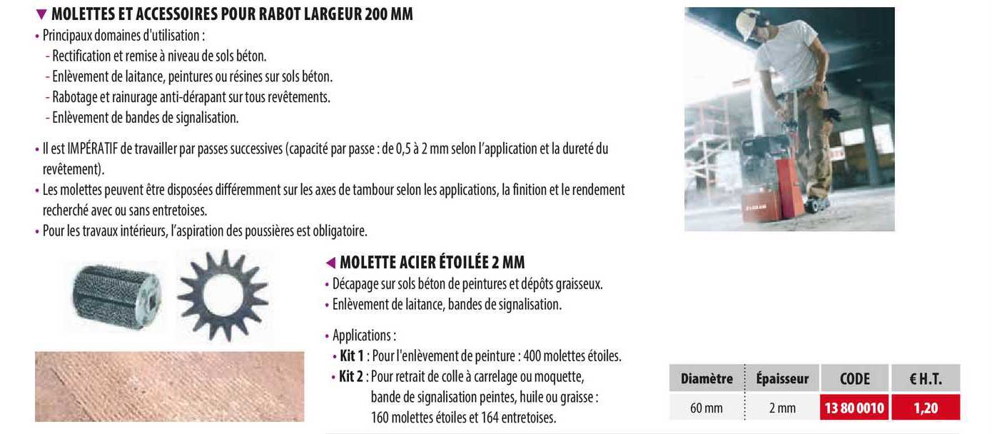 molettes et accessoires pour rabot largeur 200 mm, molette acier étoilée 2 mm