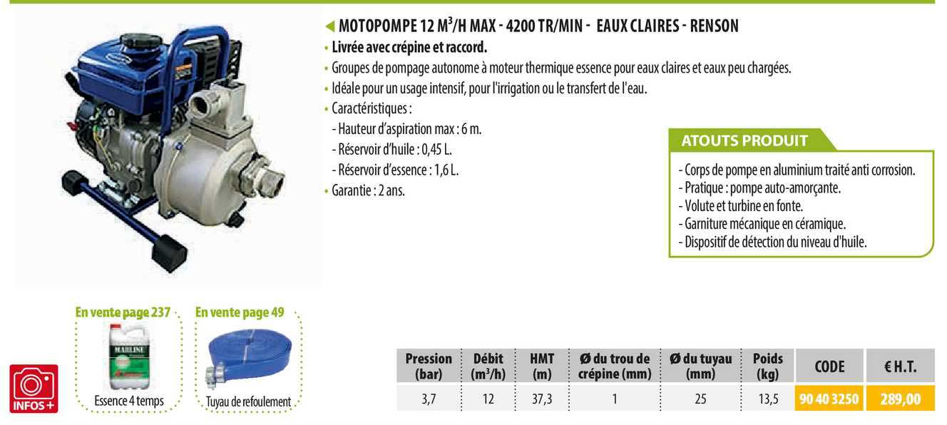 motopompe 12 m3 -h max - 4200 tr-min - eaux claires - renson
