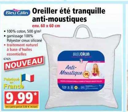 oreiller été tranquille anti-moustiques bleu câlin