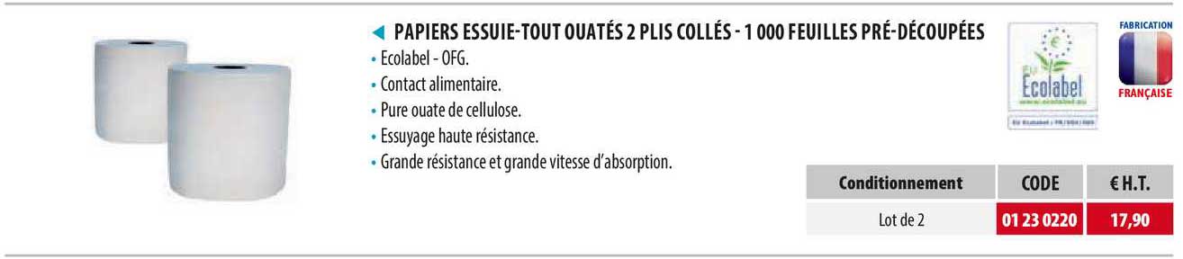 papier essuie-tout ouatés 2 plis collés - 1000 feuilles pré-découpées