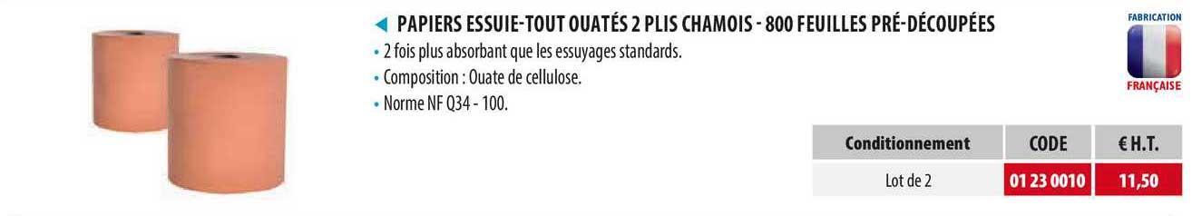 papiers essuie-tout ouatés 2 plis chamois - 800 feuilles pré-découpées