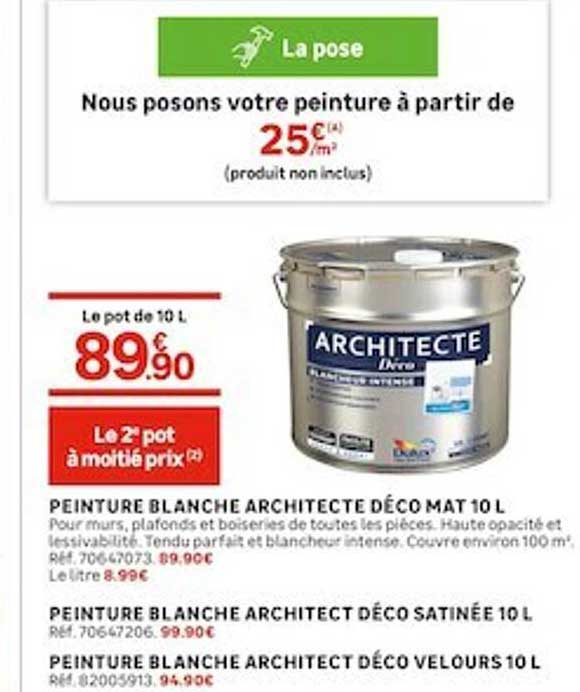 Peinture Blanche Architecte Déco Mat 10 L, Peinture Blanche Architect Déco Satinée 10 L , Peinture Blanche Architect Déco Velours 10 L