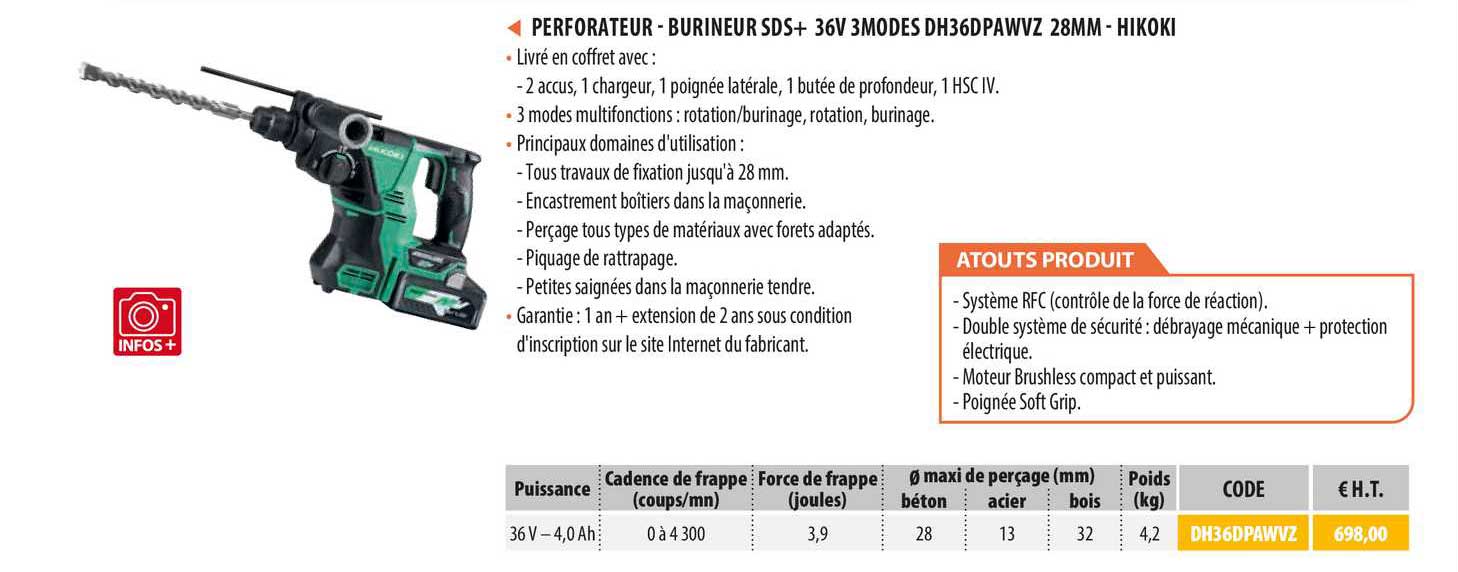 perforateur - burineur sds+ 3modes dh36dpawvz 28mm - hikoki
