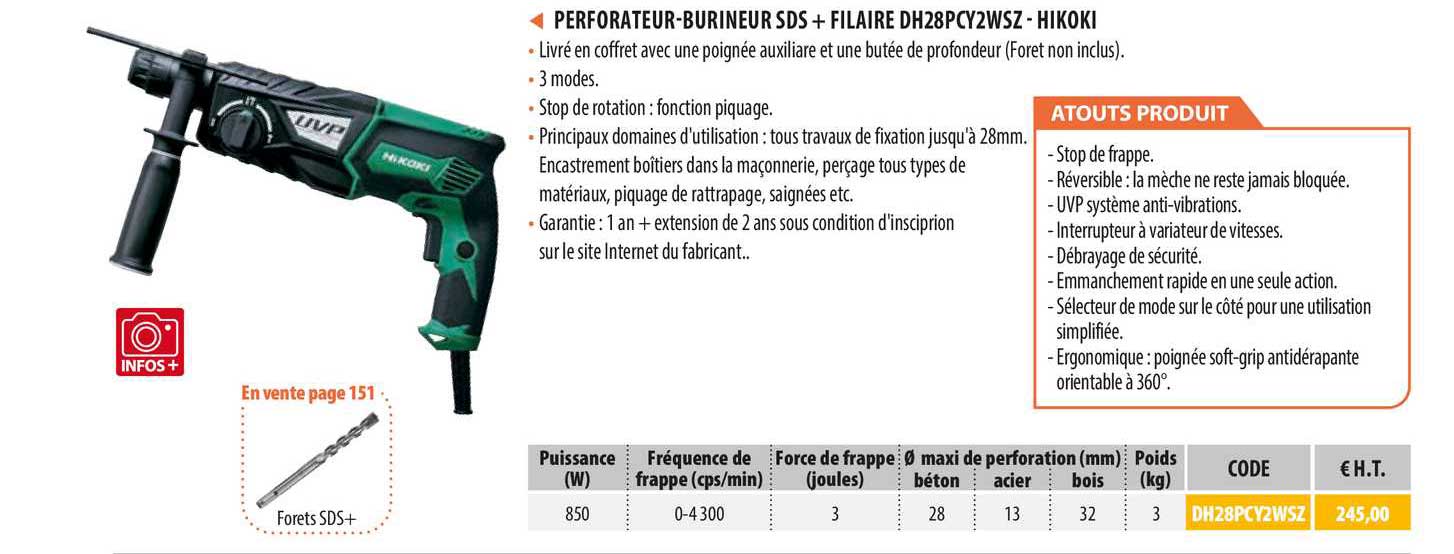 perforateur-burineur sds + filaire dh28pcy2wsz - hikoki